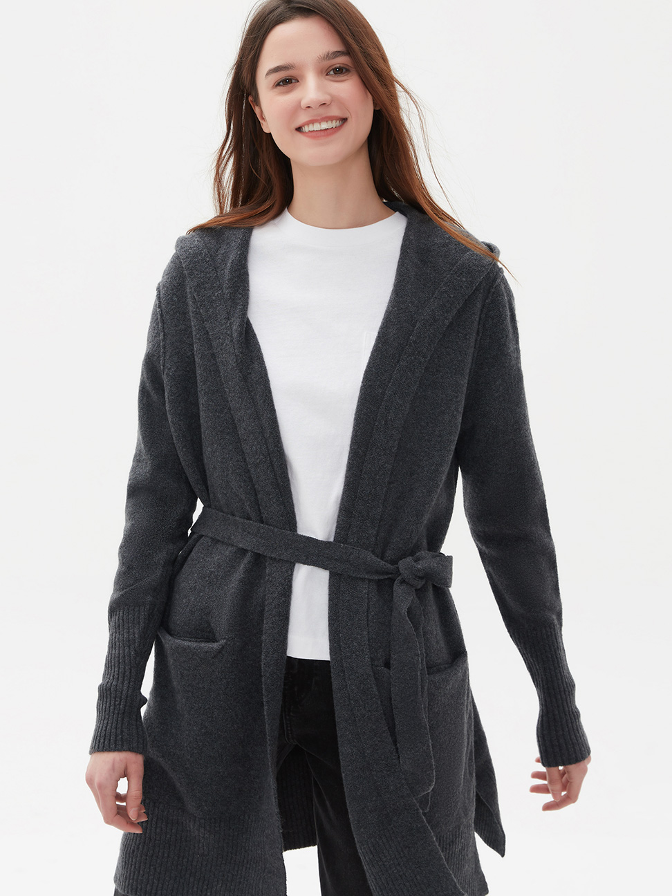 女裝|簡約羊毛混紡連帽綁帶大衣-深煙灰色