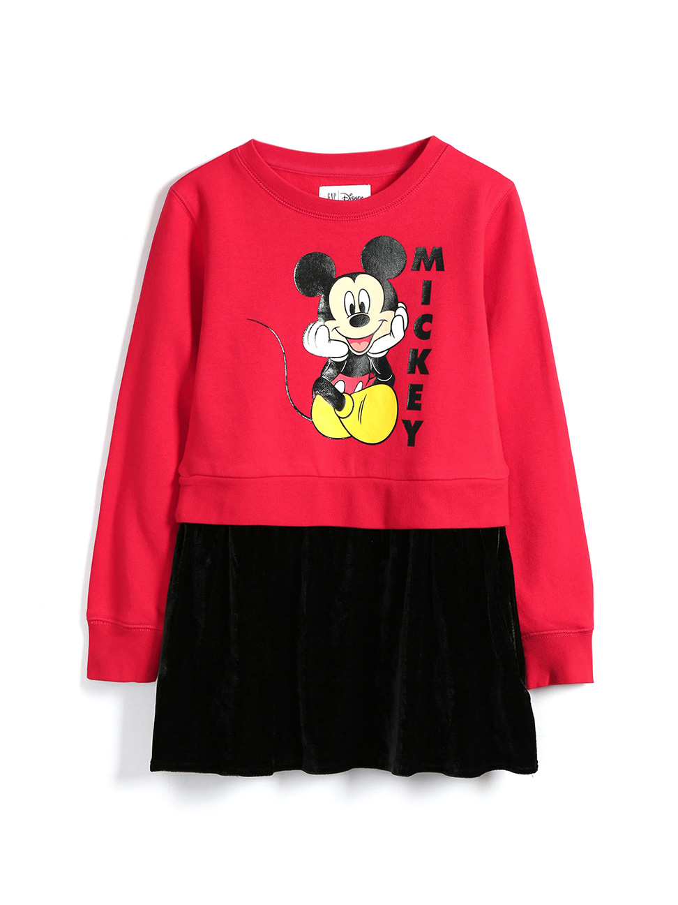 女童裝|Gap x Disney迪士尼聯名 米奇米妮印花圓領長袖洋裝-正紅色