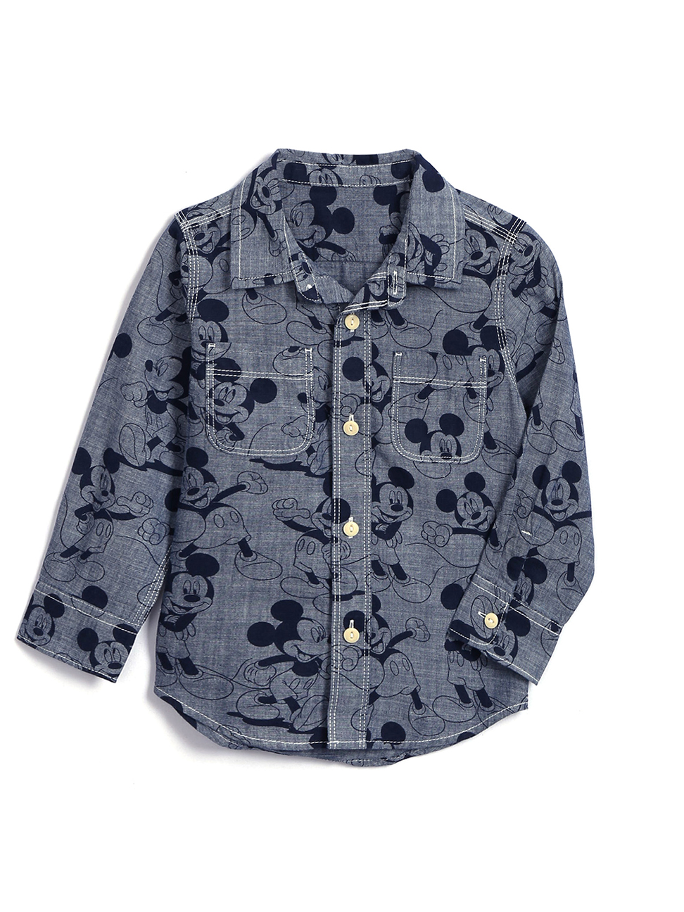 男幼童裝|Gap x Disney迪士尼聯名 米奇棉質鈕釦翻領長袖襯衫-深灰印花