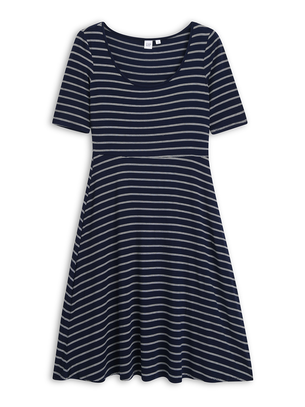 女裝|短袖圓領洋裝-海軍藍條紋