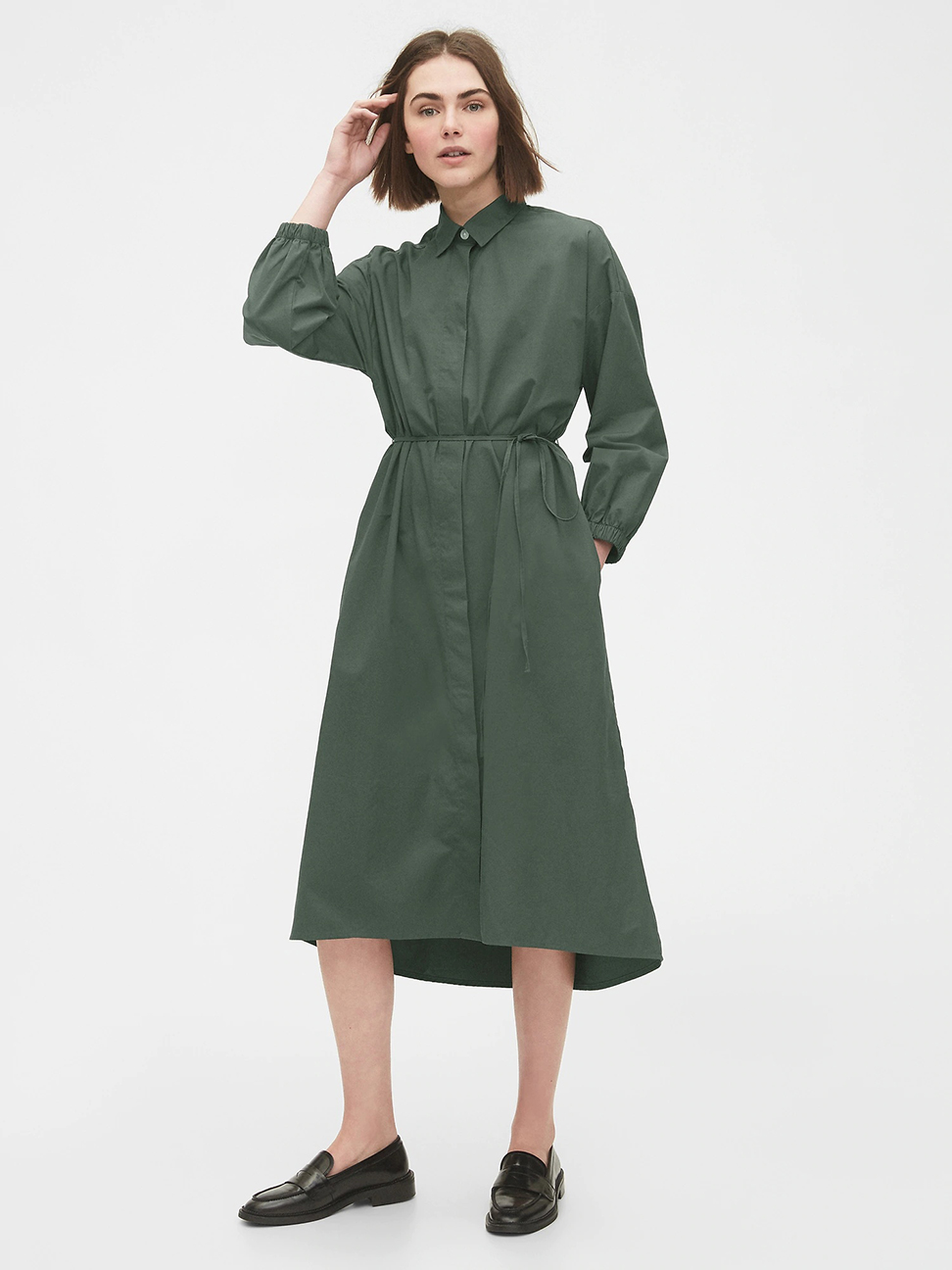 女裝|簡約時尚襯衫式洋裝-新復古綠
