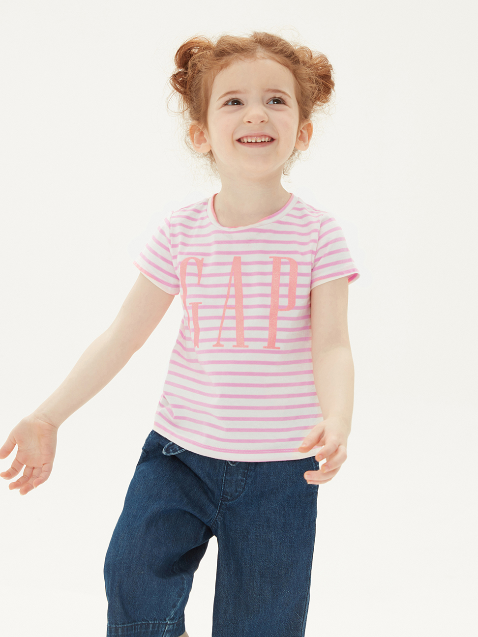 女幼童裝|Logo清爽條紋圓領短袖T恤-粉色條紋