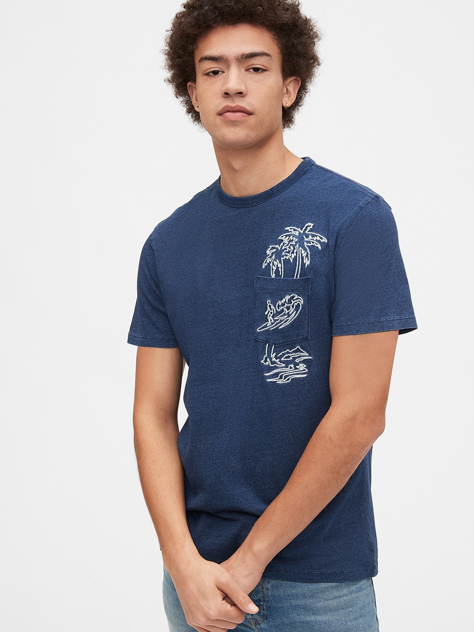 男裝|創意舒適印花短袖T恤-中度靛藍