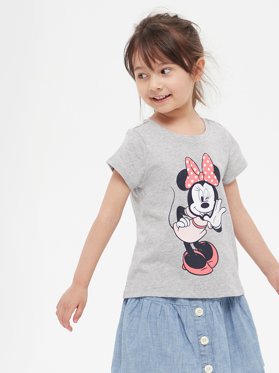 女幼童裝|Gap x Disney迪士尼聯名 米妮棉質舒適印花圓領T恤-灰色