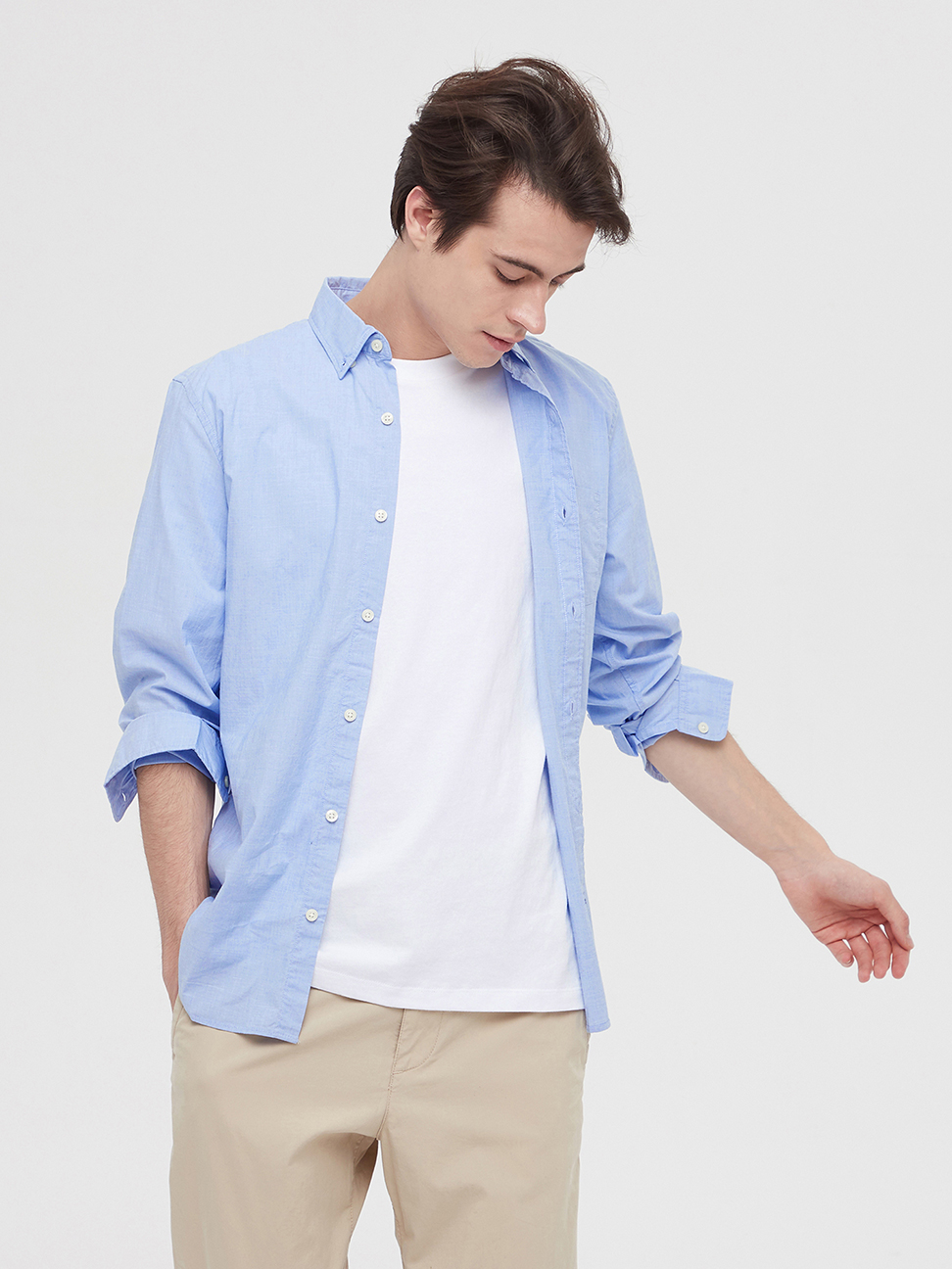 男裝|柔軟彈力府綢長袖鈕釦襯衫-淺藍色