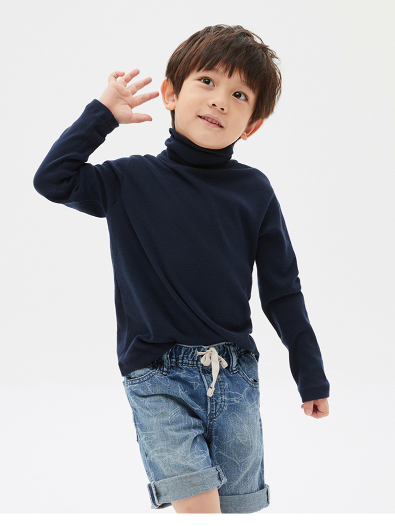 男幼童裝|簡約素色高領長袖T恤-藏青色