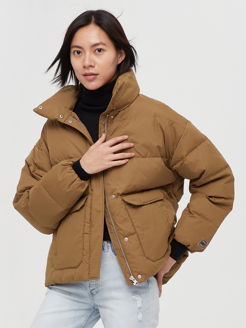 女裝|時尚寬鬆拉鏈立領羽絨外套-棕色