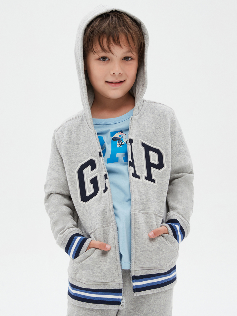 男童裝|Logo撞色字母連帽外套-淺灰色