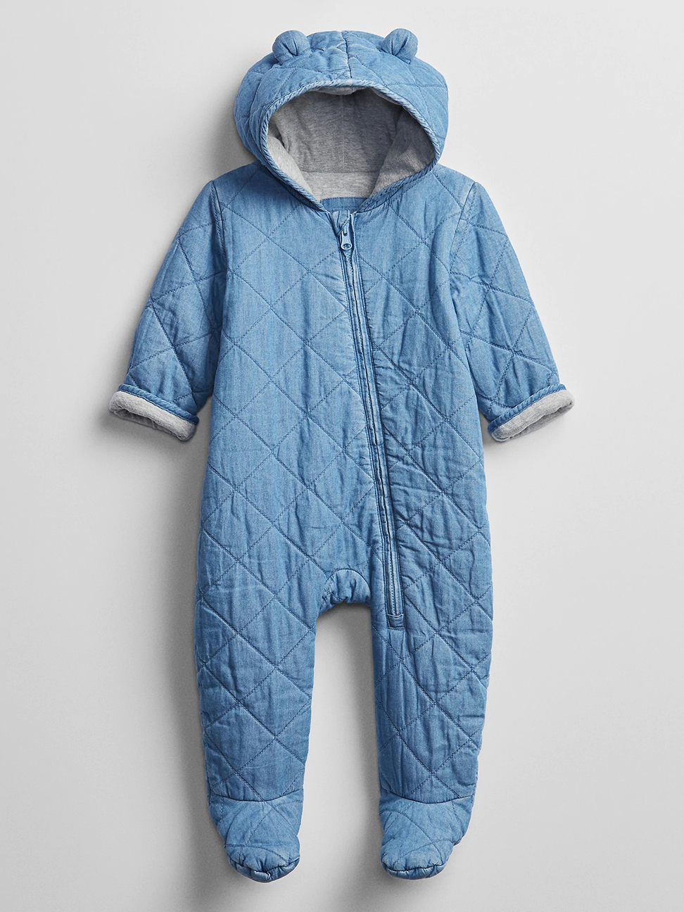 嬰兒裝|保暖熊耳連帽一體式連身外套-水洗藍