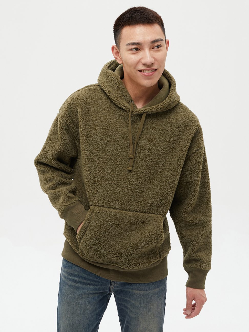男裝|內刷毛帽T-軍綠色