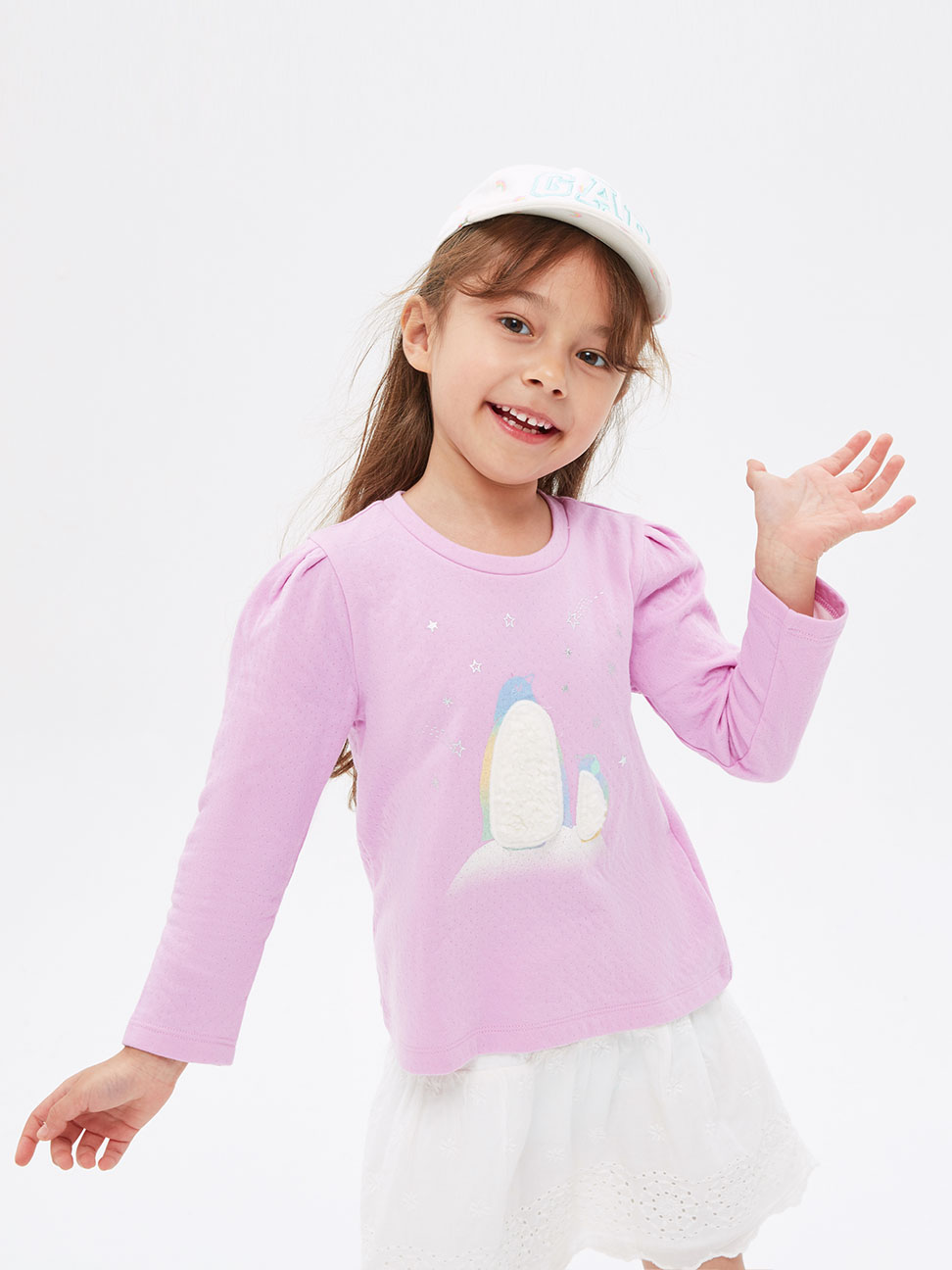 女幼童裝|可愛印花圓領針織長袖T恤-淺紫色