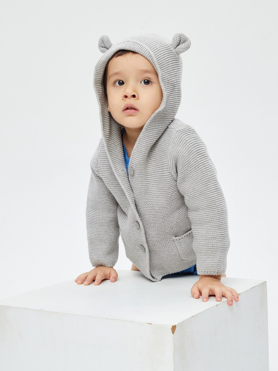 嬰兒裝|小熊造型平織連帽針織外套-淺灰