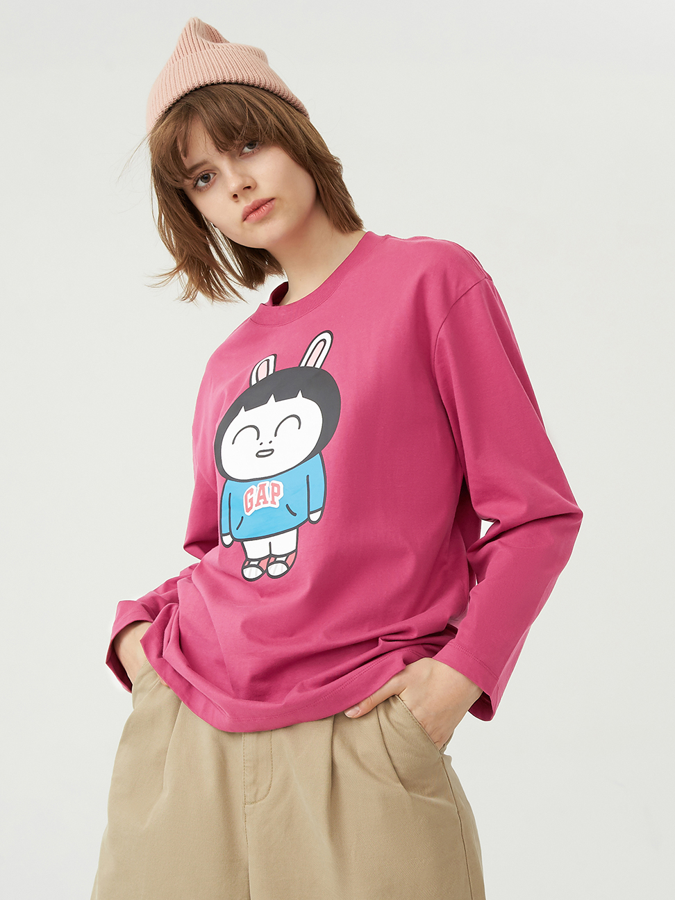 男女同款|Gap x HOZO聯名 Logo純棉長袖T恤-玫粉色
