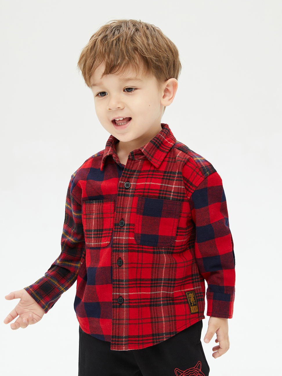 男幼童裝|法蘭絨格紋長袖襯衫-紅色格子