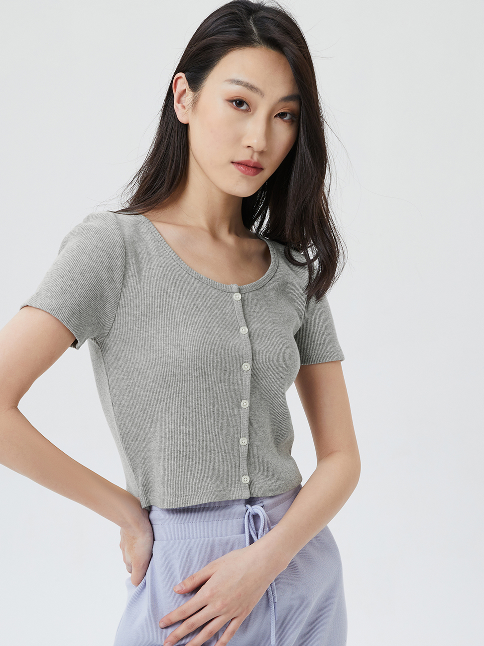 女裝|羅紋針織修身短袖T恤 女友T系列-淺灰色