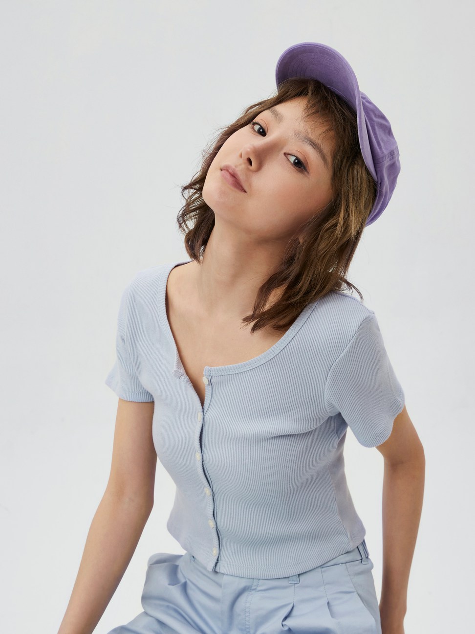 女裝|羅紋針織修身短袖T恤 女友T系列-淺藍色