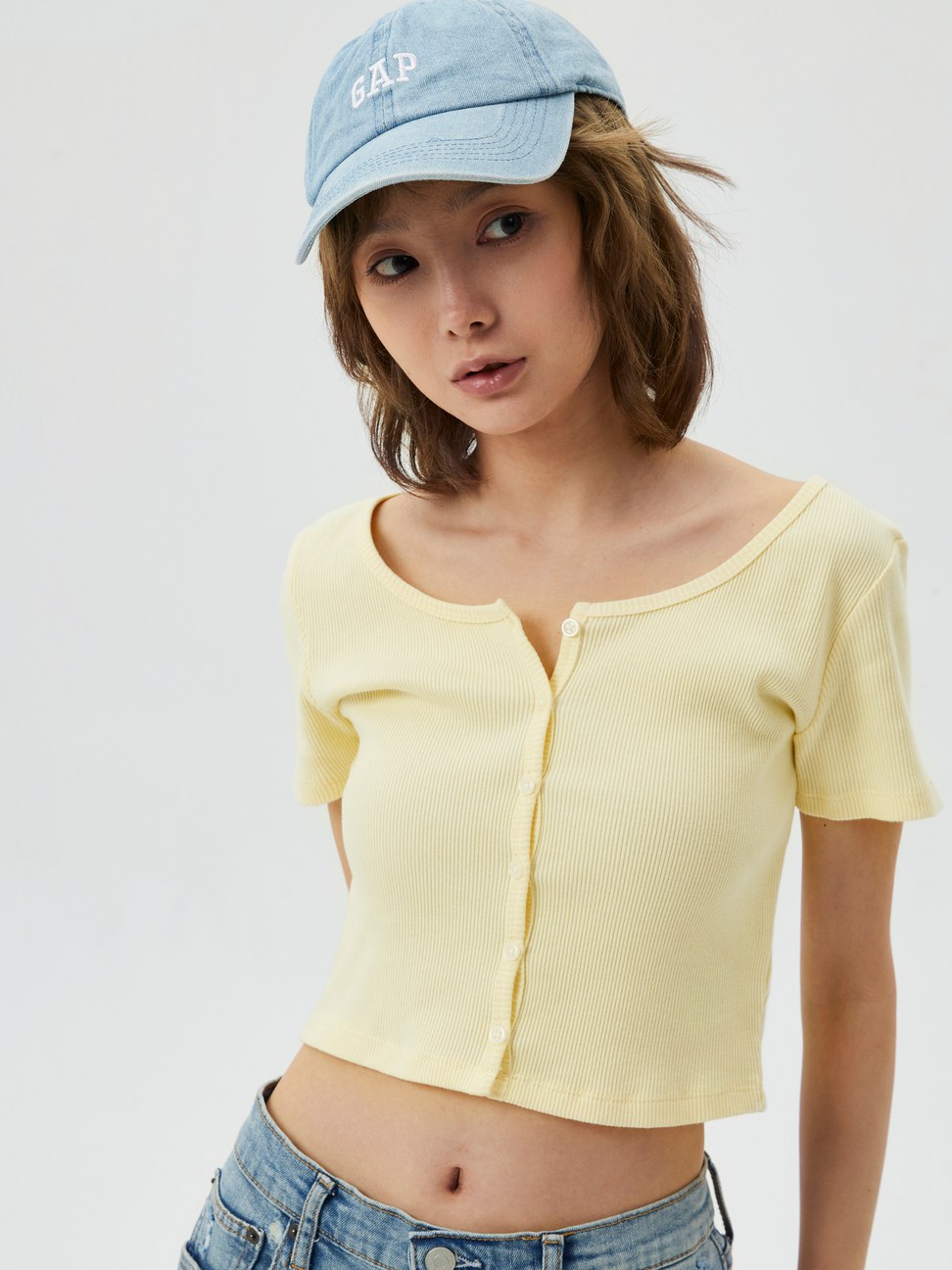 女裝|羅紋針織修身短袖T恤 女友T系列-嫩黃色