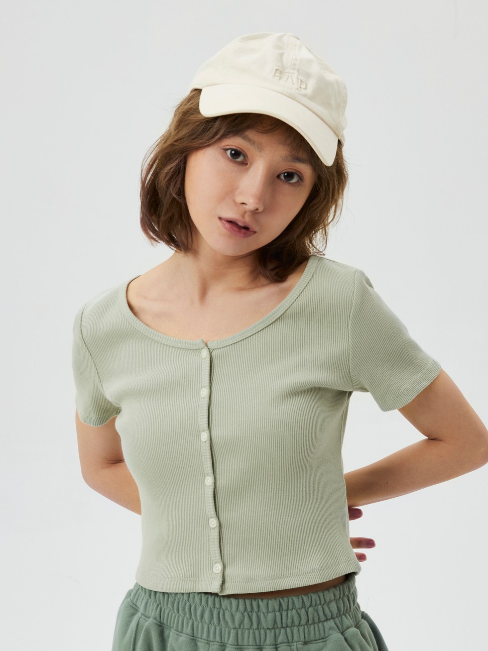 女裝|羅紋針織修身短袖T恤 女友T系列-淺綠色