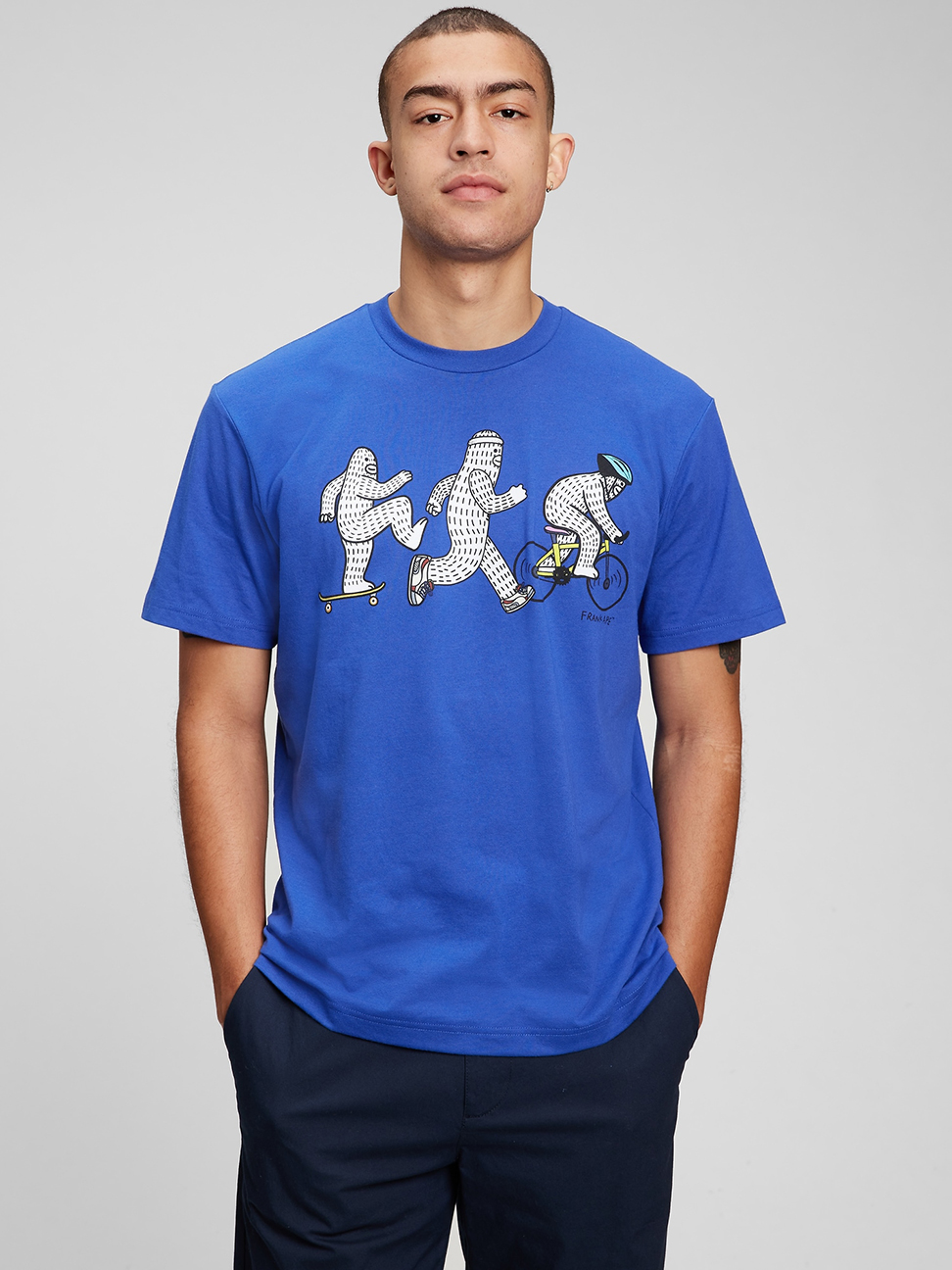 男女同款|Gap x FRANK APE藝術家聯名 Logo/印花短袖T恤-鈷藍色