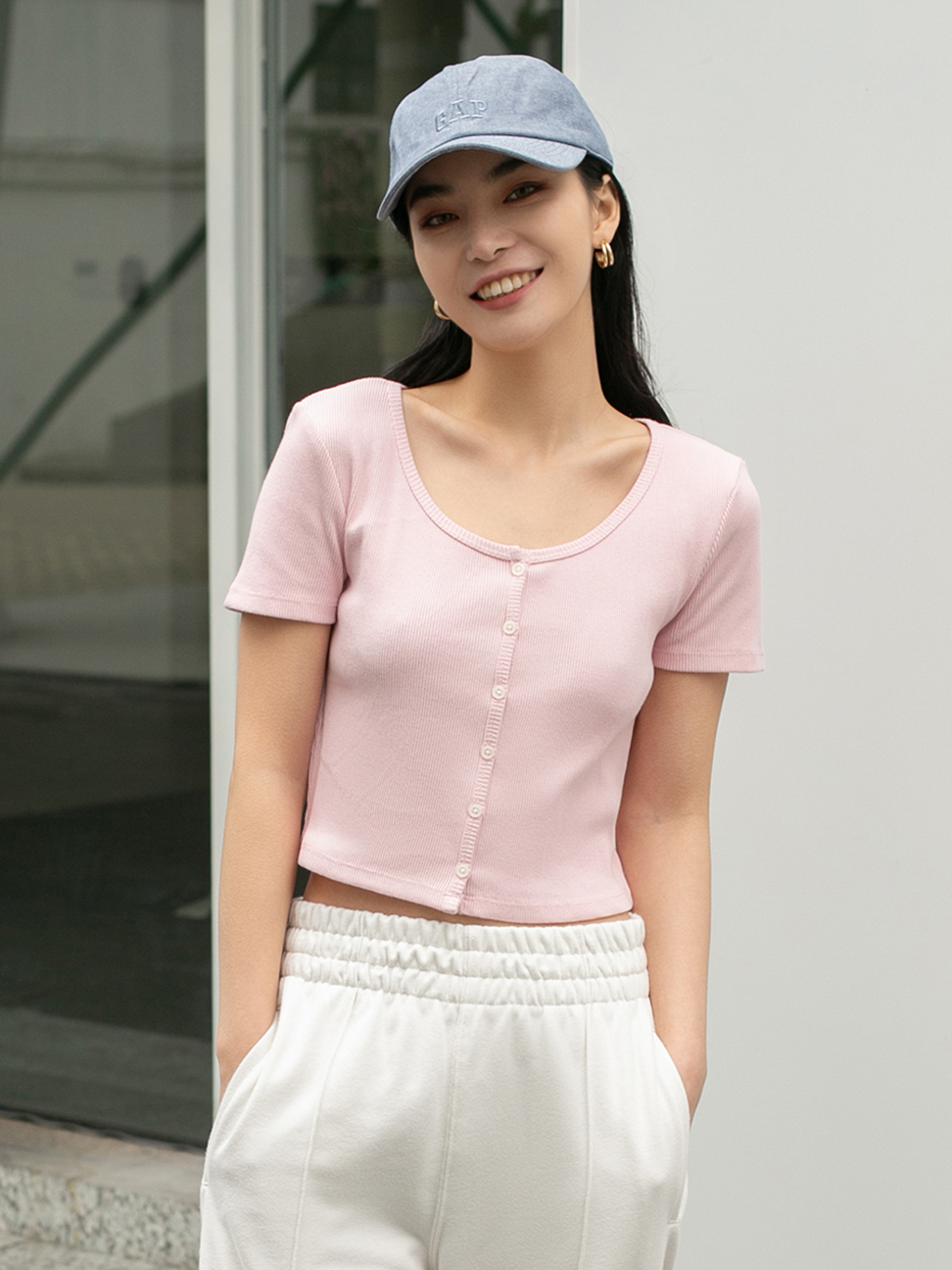 女裝|羅紋針織修身短袖T恤 女友T系列-淡粉色
