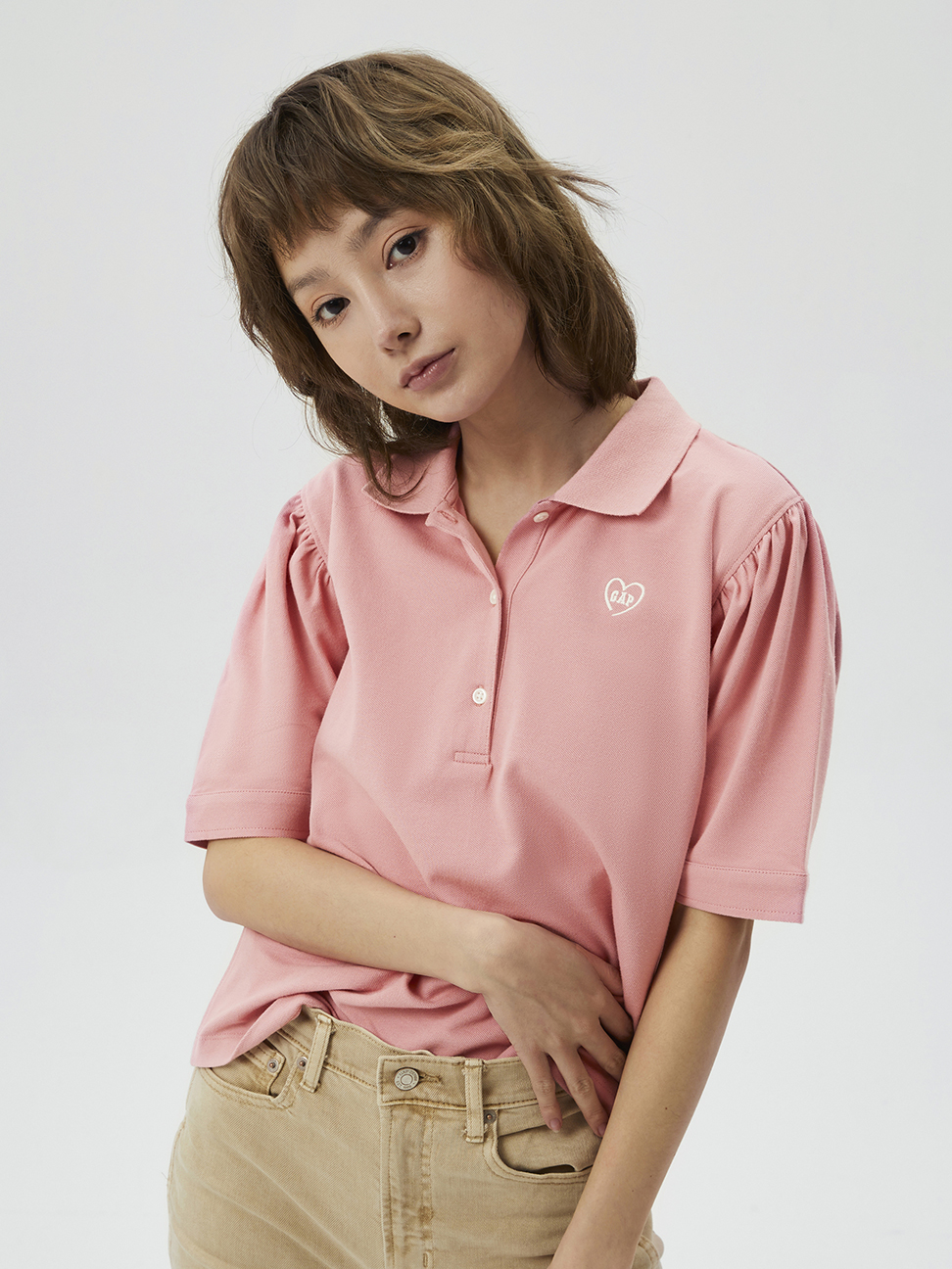女裝|Logo泡泡袖修身短袖POLO衫-粉色
