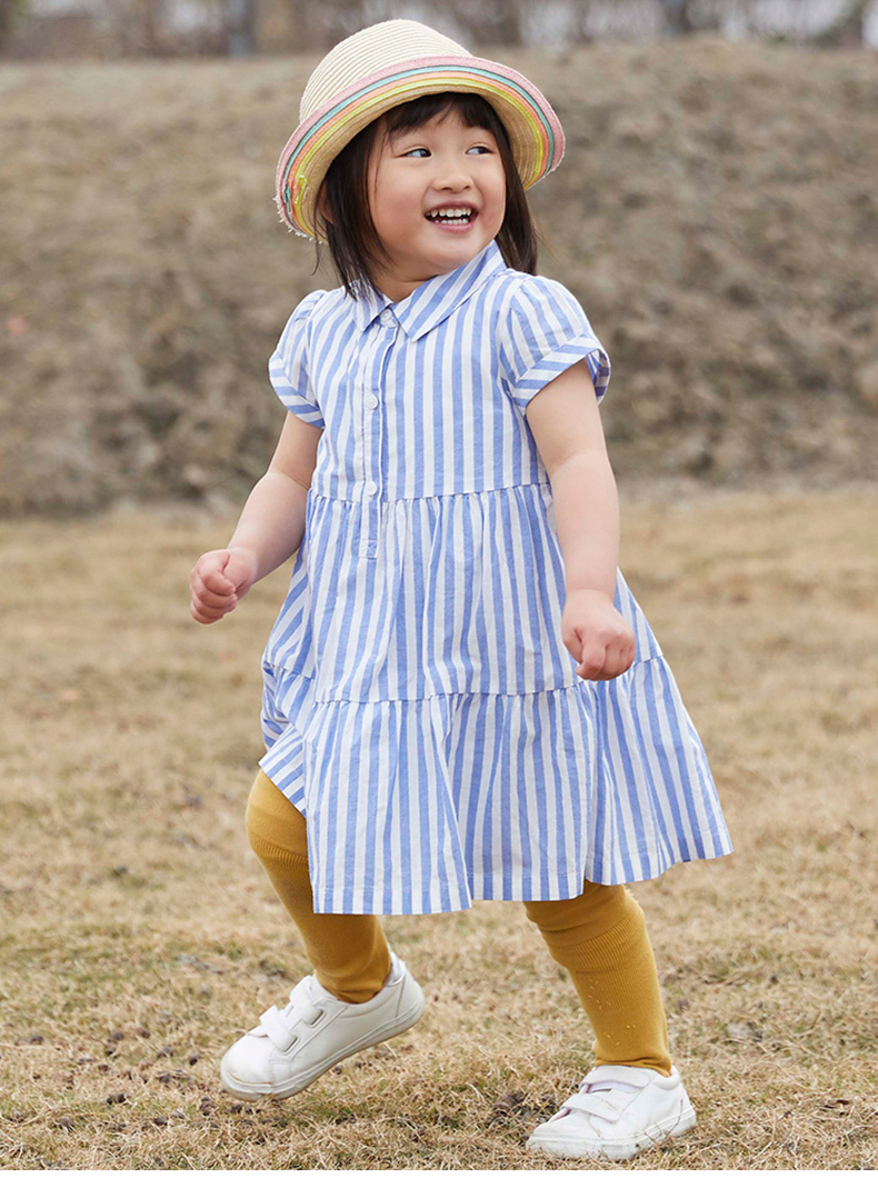 女幼童裝|清爽條紋寬鬆短袖洋裝-藍白條紋