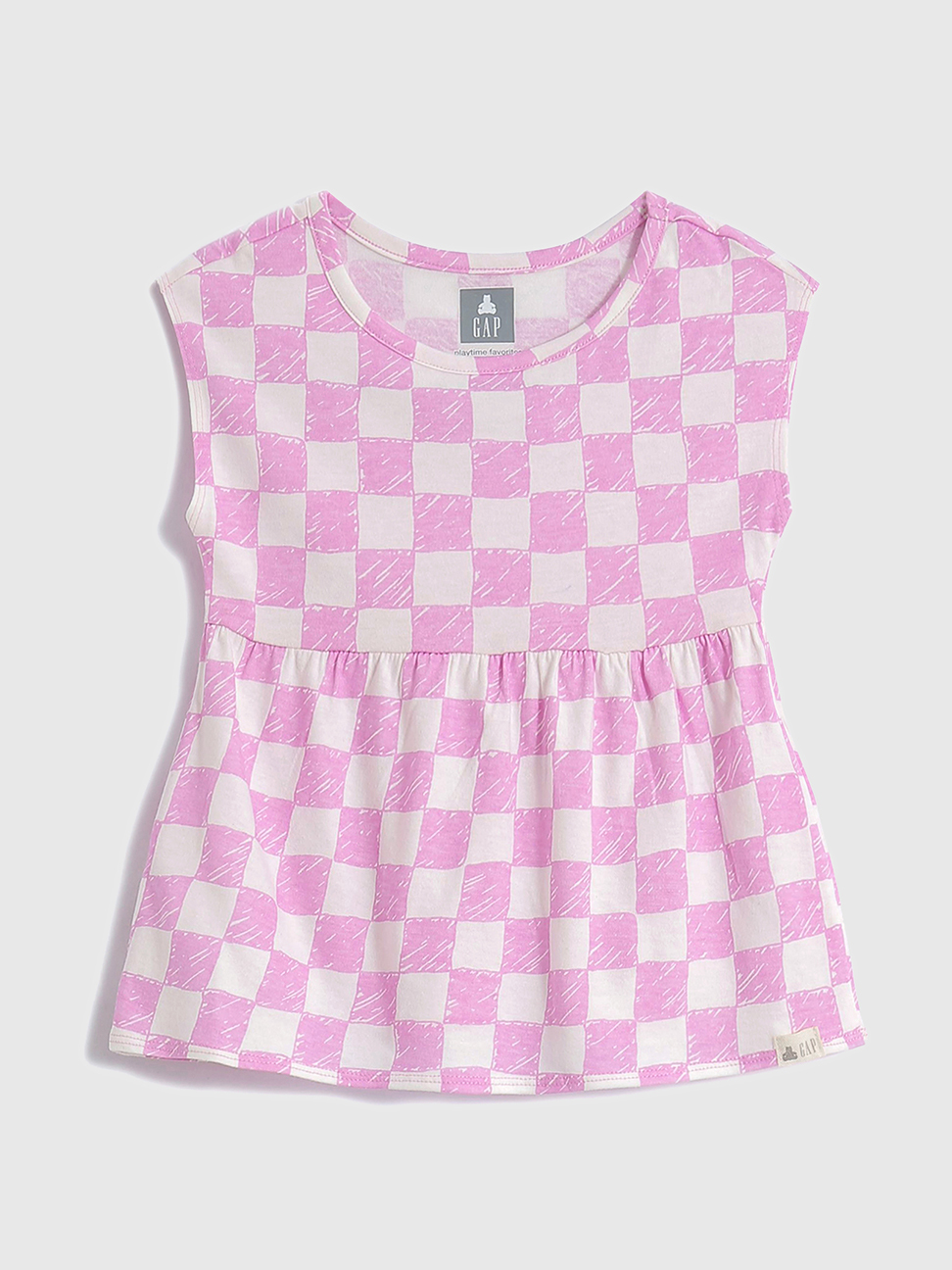 女幼童|活力印花褶皺圓領無袖T恤 布萊納系列-紫色棋盤格