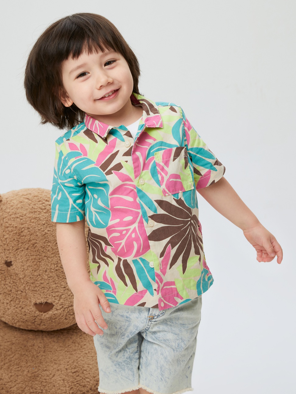 男幼童裝|活力印花翻領短袖襯衫-棕櫚樹圖案