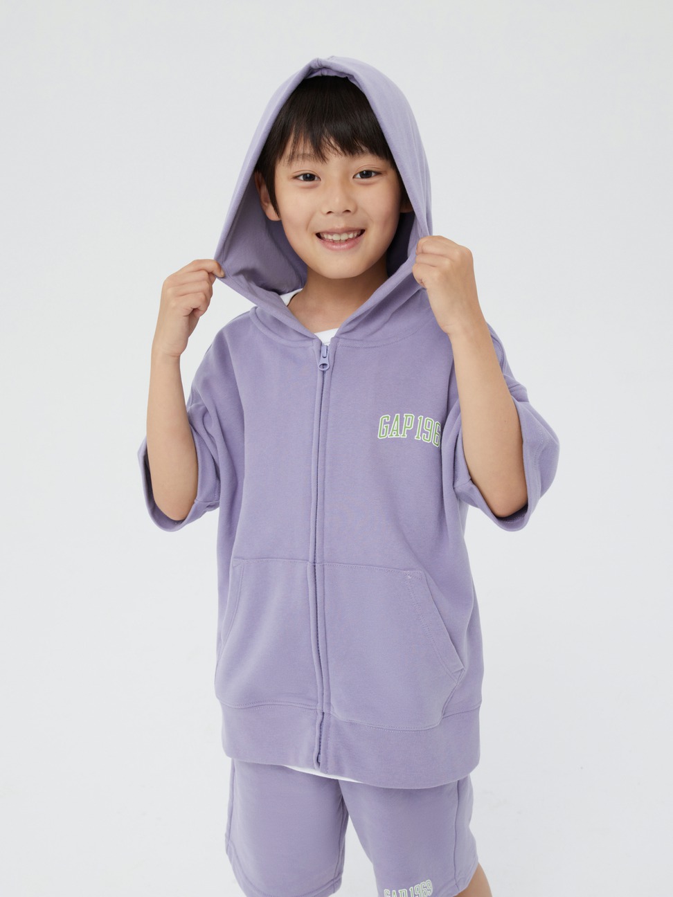 男童|碳素軟磨 法式圈織系列 Logo寬鬆短袖連帽休閒運動外套
