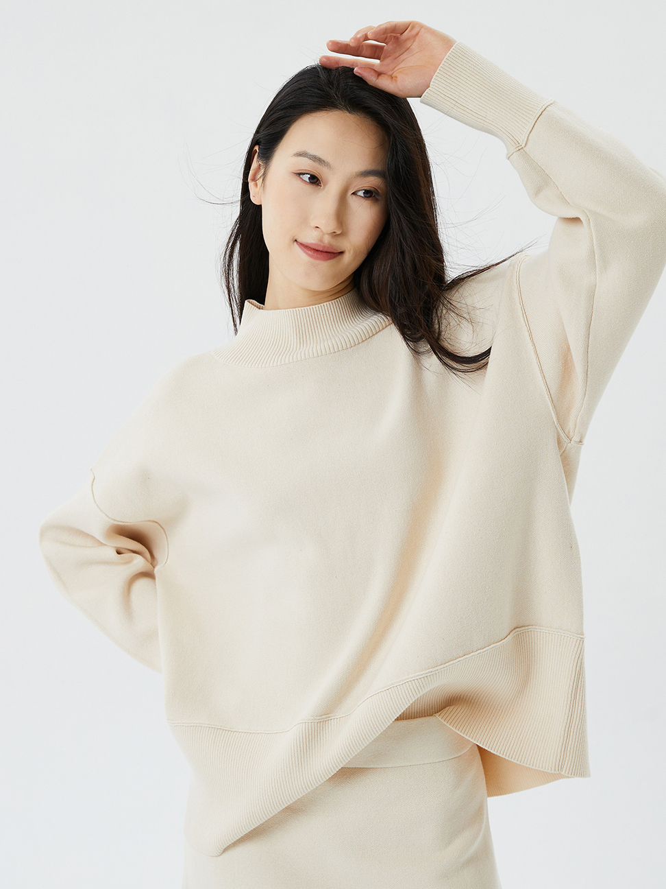 女裝|氣質純棉高領羅紋針織毛衣-米色