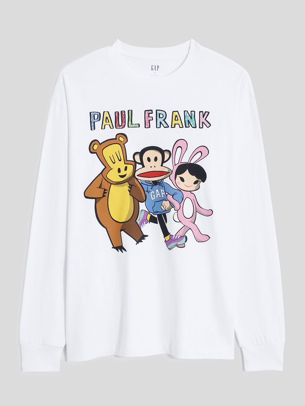 男裝|Gap x Paul Frank聯名 Logo純棉長袖T恤-白色