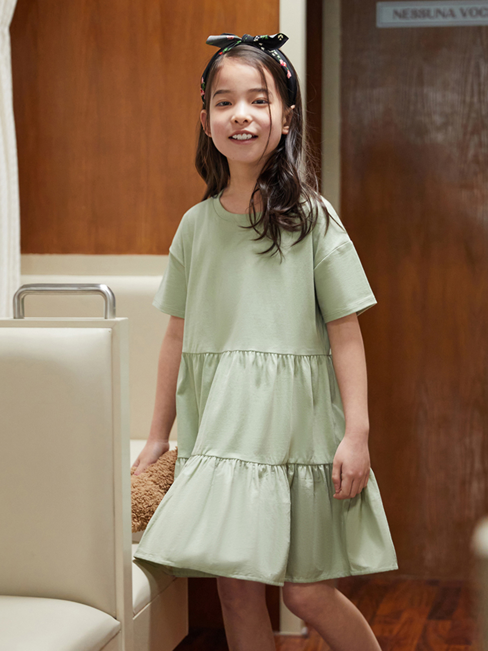 女童裝|純棉素色蛋糕裙短袖洋裝-淺綠色