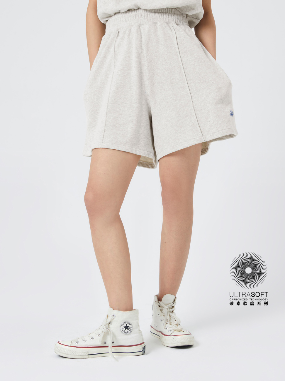 女裝|碳素軟磨法式圈織系列 Logo高腰寬鬆休閒運動短褲