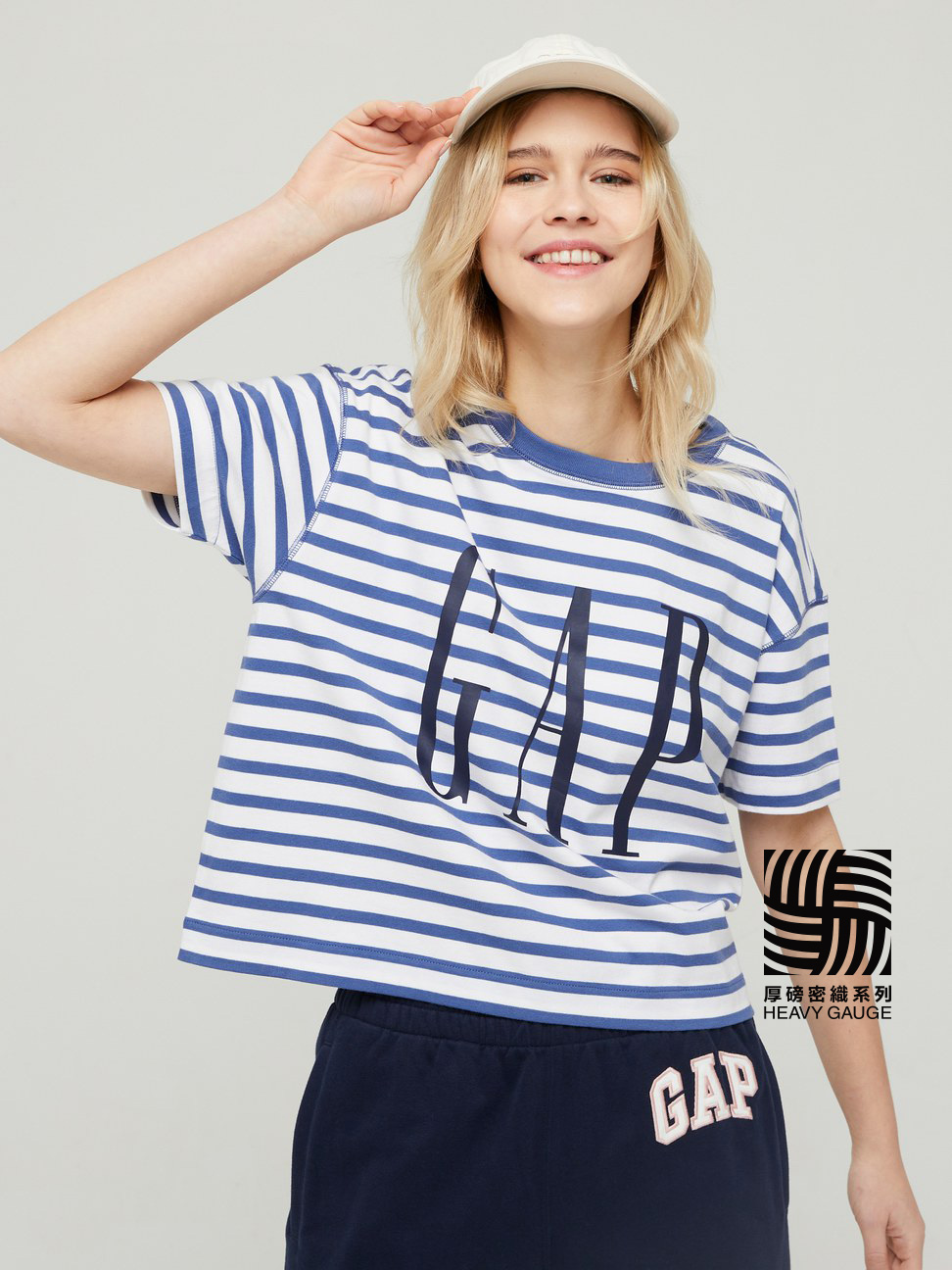 女裝|Logo寬鬆短袖T恤-藍白條紋