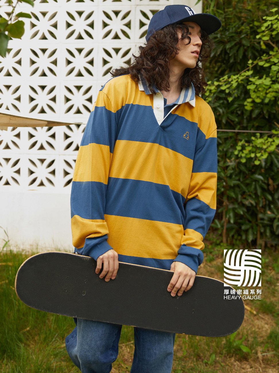 男裝|條紋長袖POLO衫-黃藍條紋