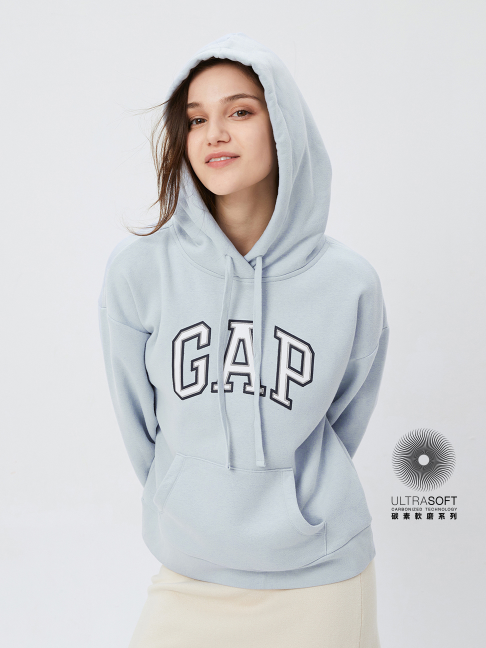 女裝|Logo刷毛長袖帽T-冰藍色
