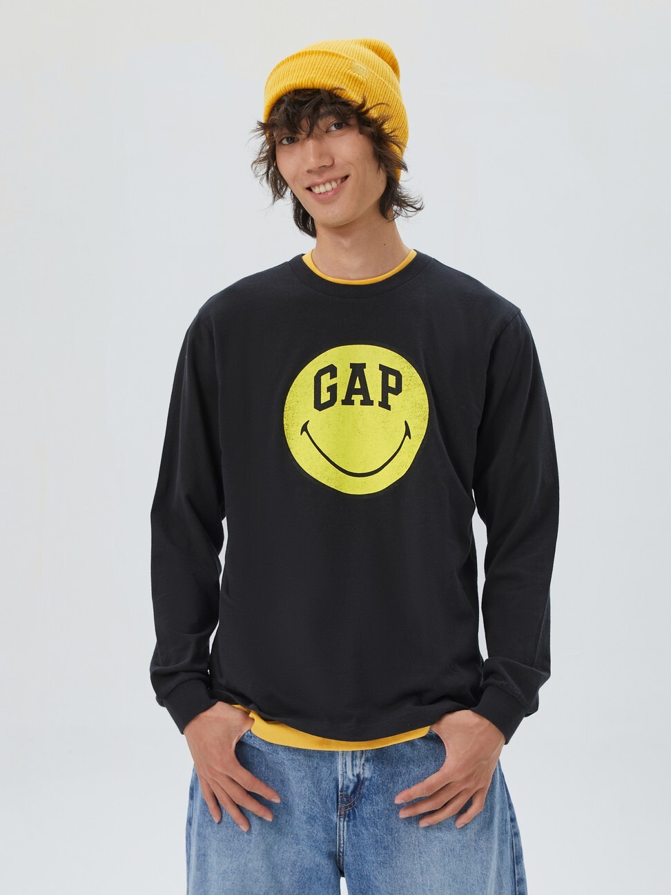 男裝|Gap x SMILEY聯名 Logo純棉長袖T恤-黑色