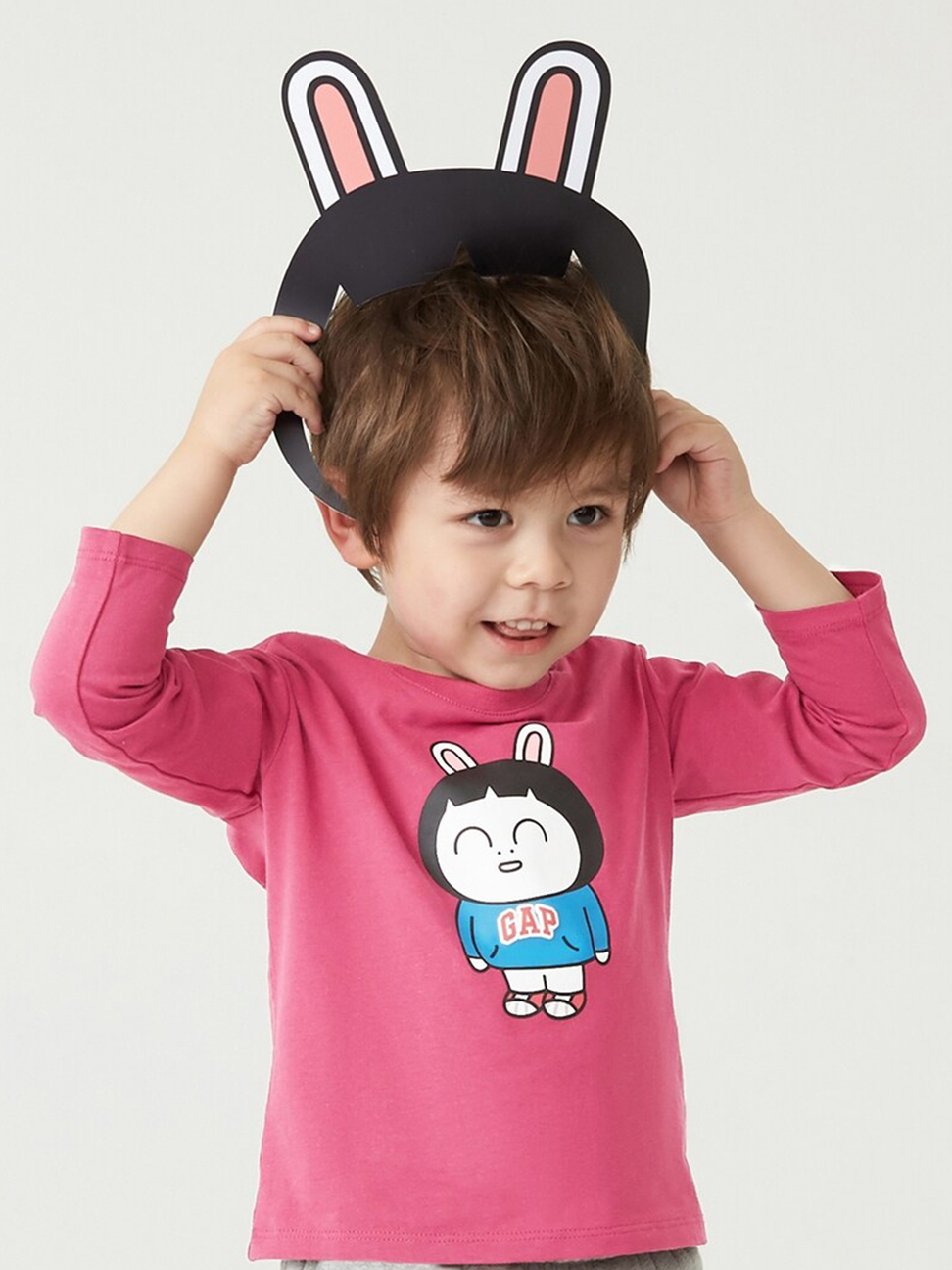 幼童裝|Gap x HOZO聯名 Logo純棉長袖T恤-玫粉色