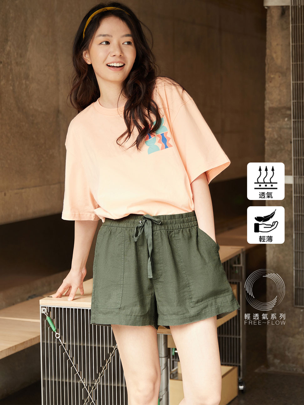 女裝|簡約亞麻休閒短褲 輕透氣系列-軍綠色