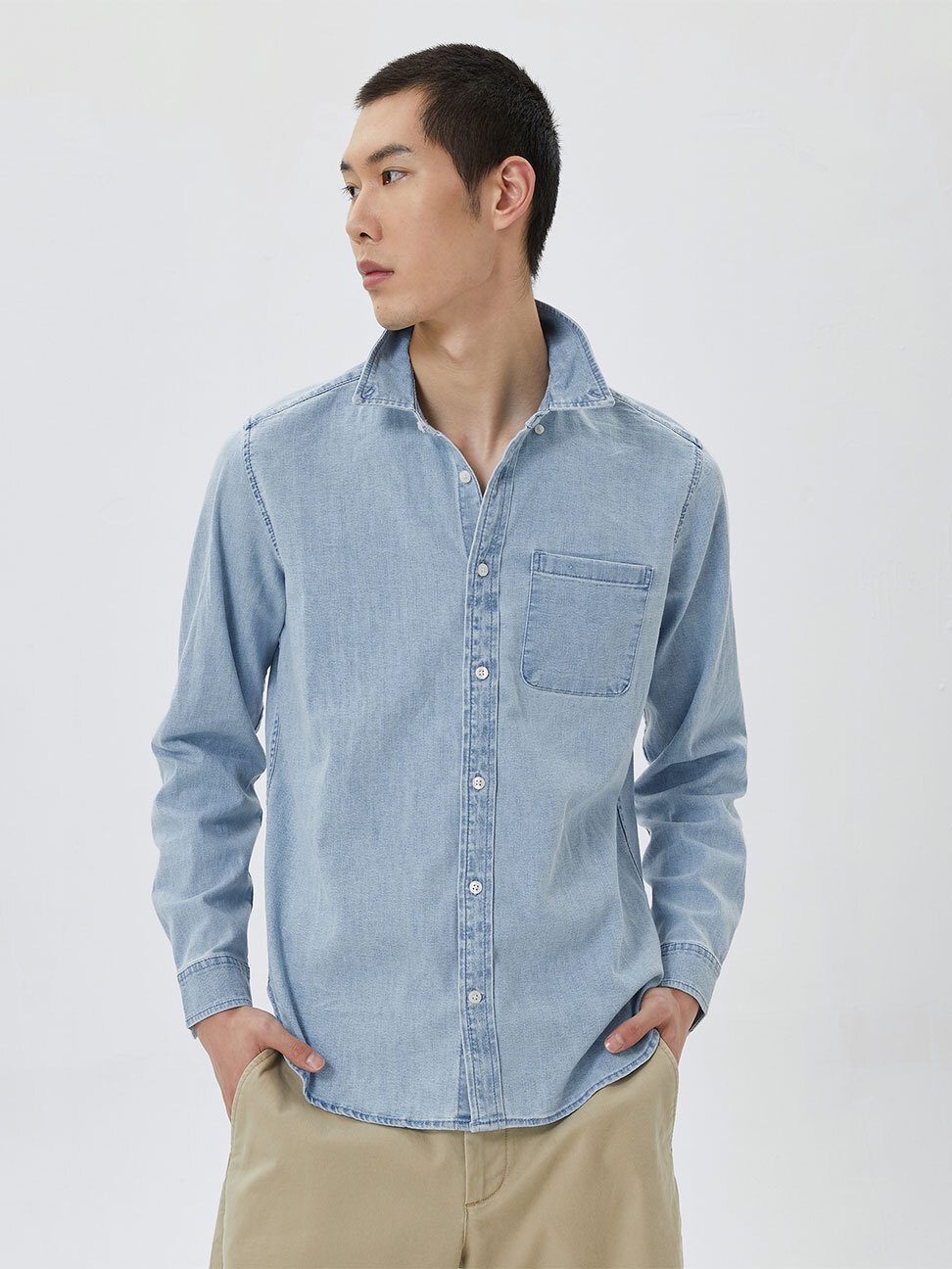 男裝|工裝翻領長袖牛仔襯衫-淺藍色