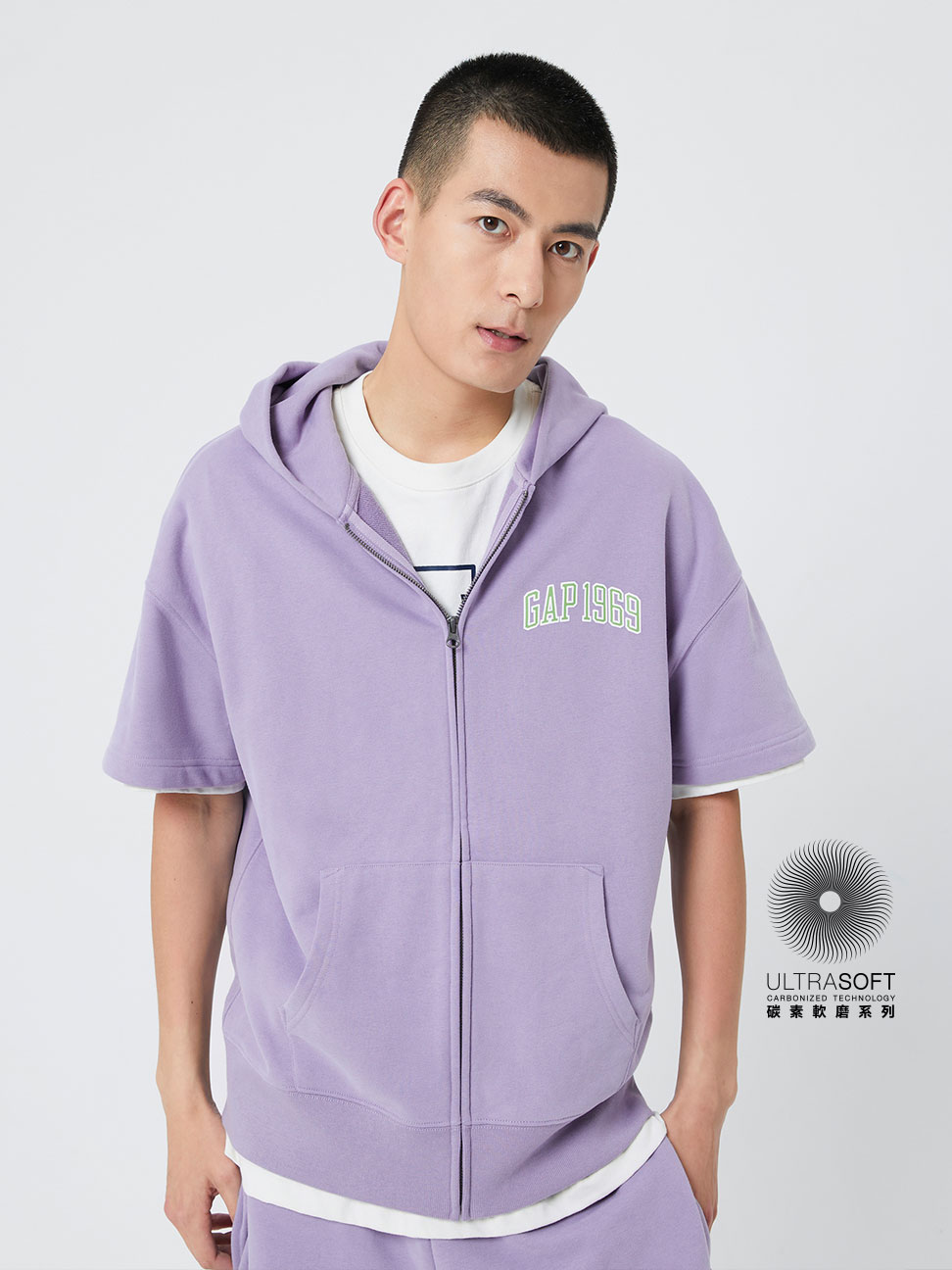 男女同款|Logo短袖連帽休閒運動外套-紫色