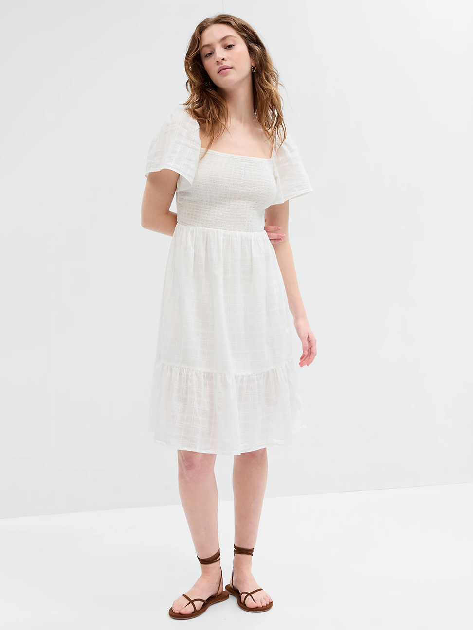 女裝|純棉修身方領短袖洋裝-白色