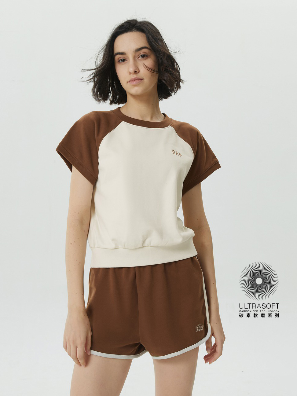 女裝|Logo運動短袖上衣-棕色拼接