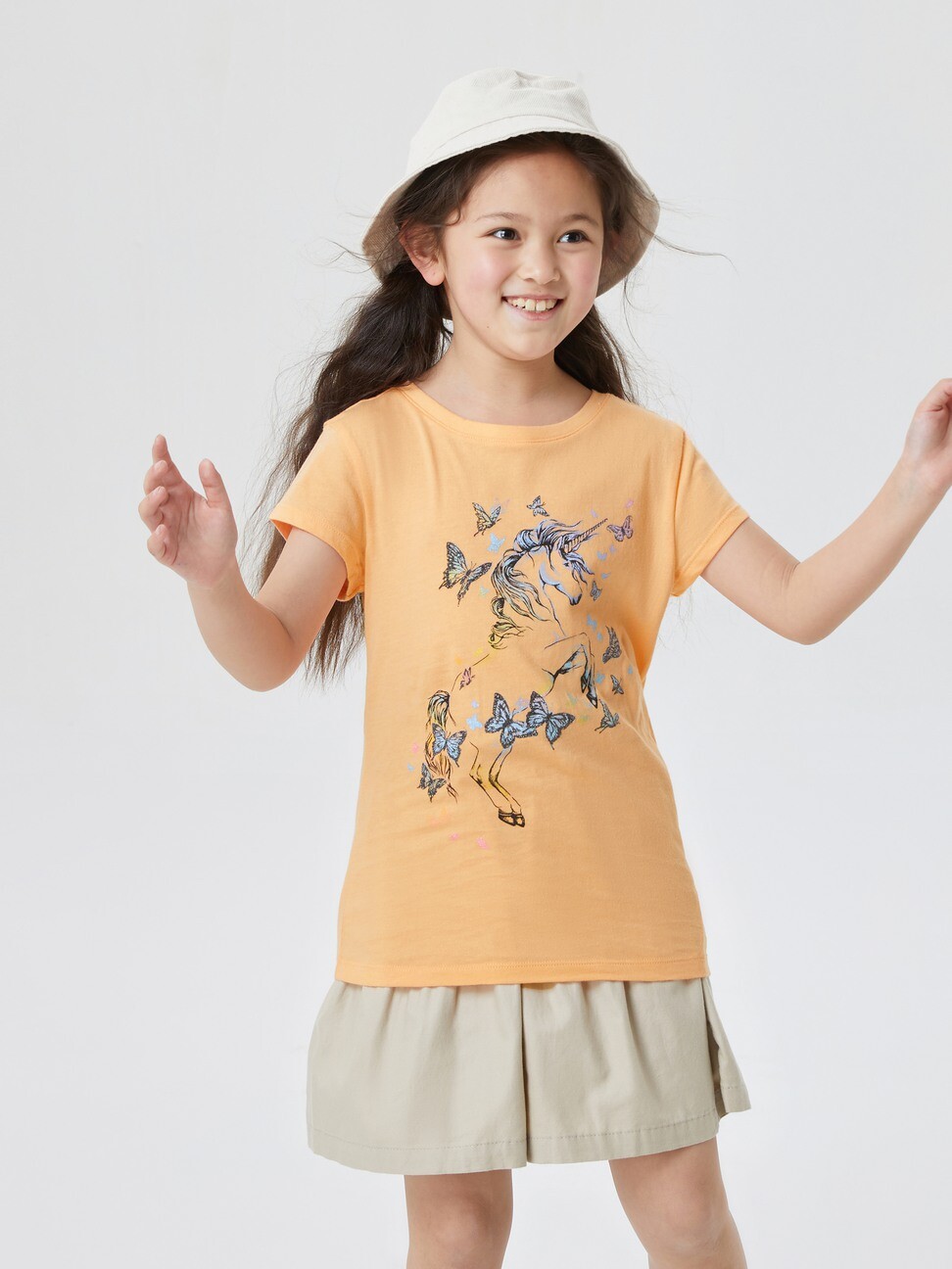 女童裝|Logo純棉印花短袖T恤-淺橘色