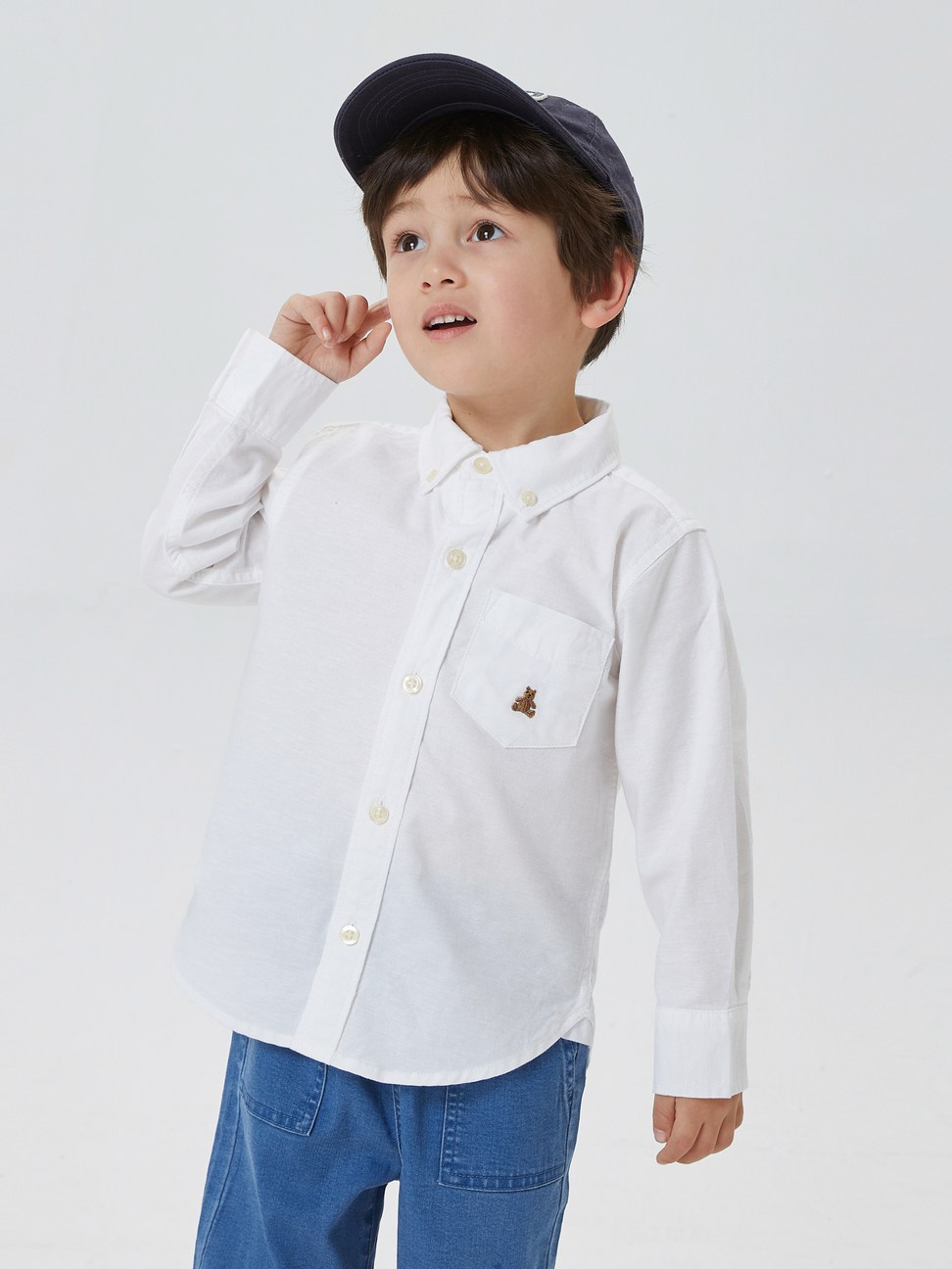 幼童裝|小熊刺繡素色翻領長袖襯衫 布萊納系列-羽白色