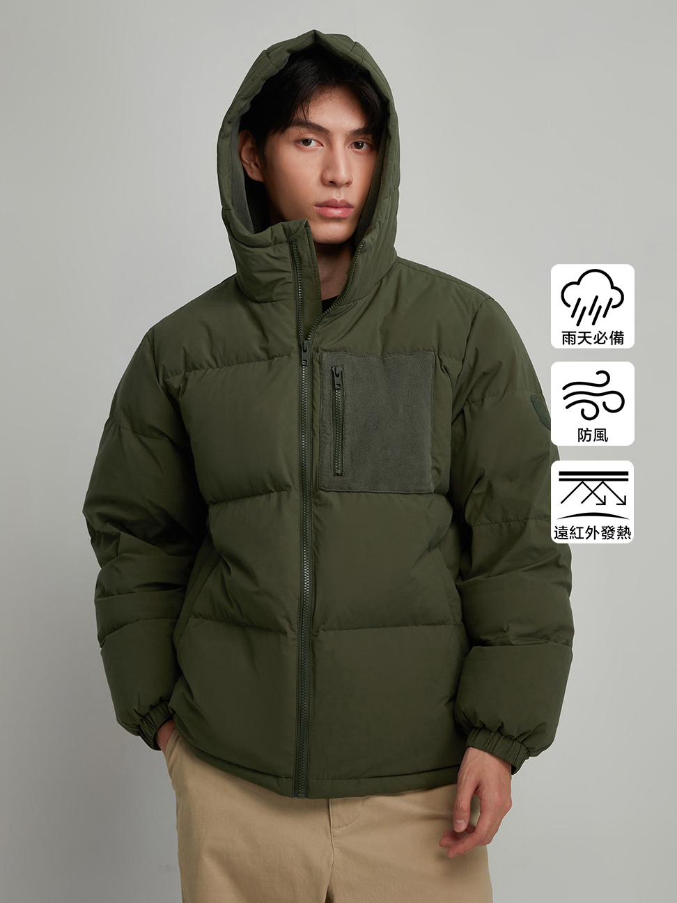 男裝|Logo防風防雨連帽羽絨外套-軍綠色