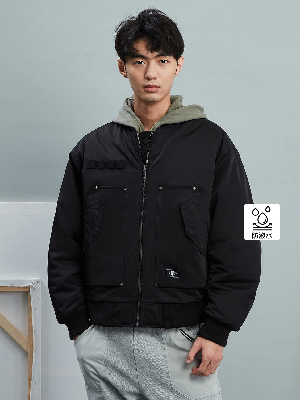 男裝|Logo立領飛行外套-黑色