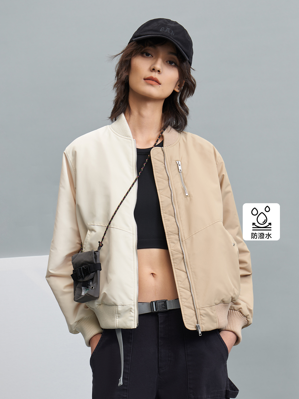 女裝|Logo立領飛行外套-米白拼接