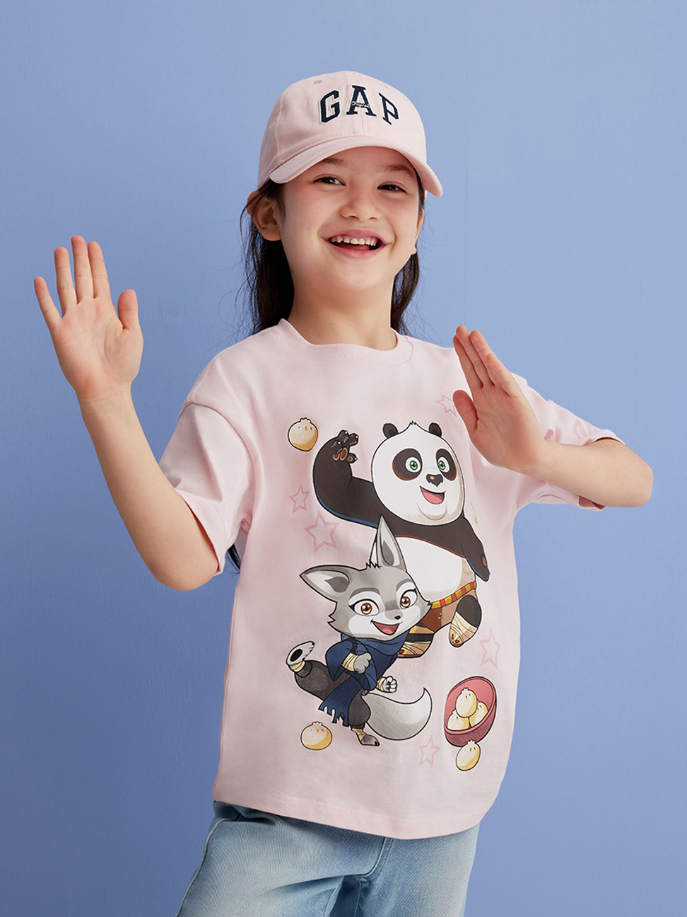 女童裝|Gap x 功夫熊貓聯名 Logo純棉印花圓領短袖T恤-淺粉色
