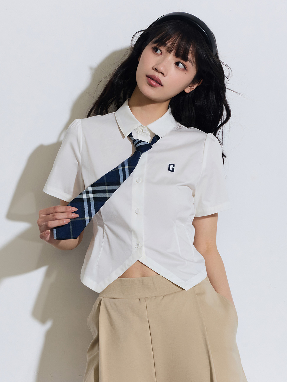 女裝|Logo短版翻領短袖襯衫-白色